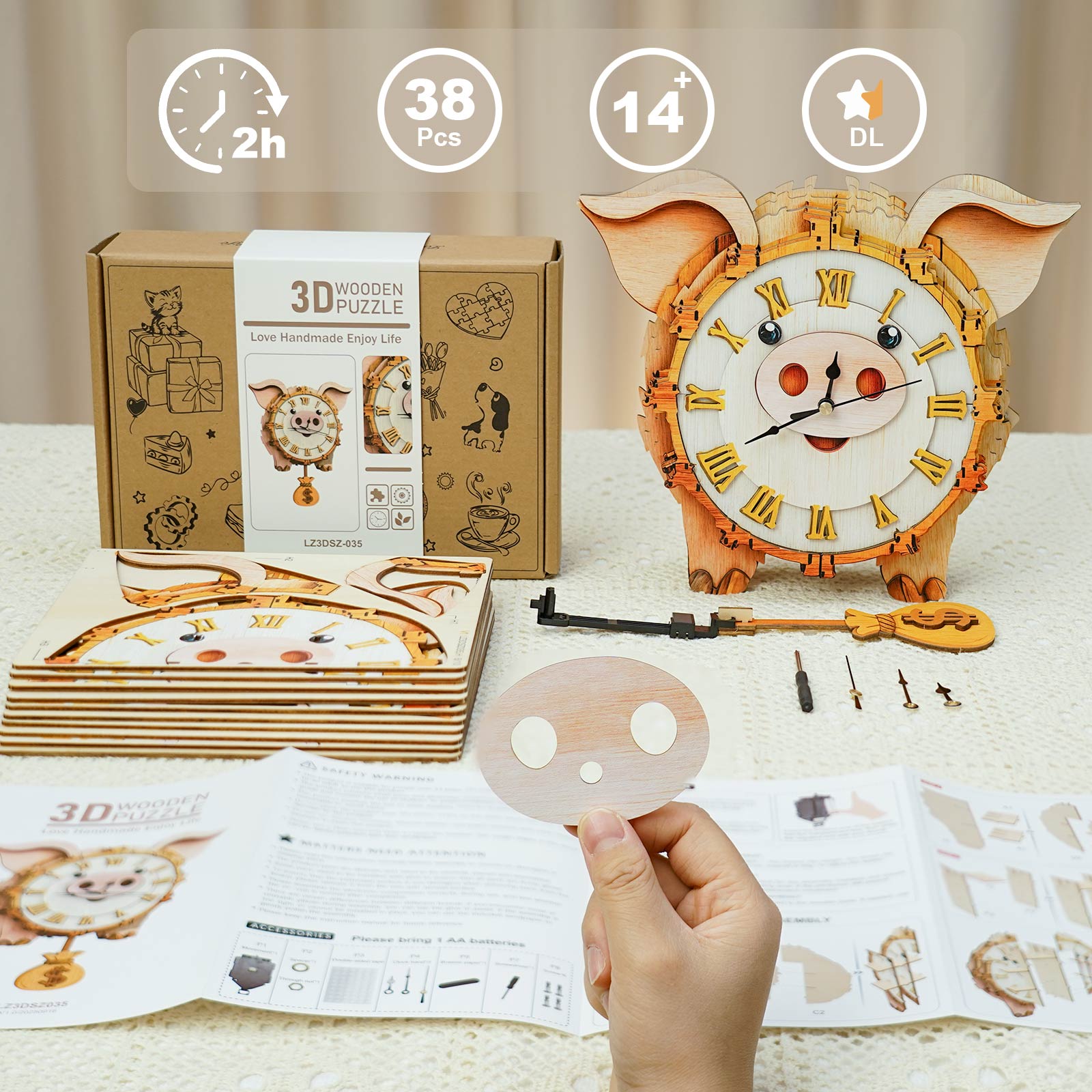 Pig â€“ DIY Wooden Clock, 3D Puzzle Craft Kit