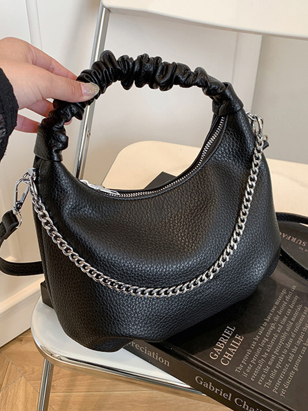 Chains Pleated Solid Color Zipper Handbags Crossbody Bags
