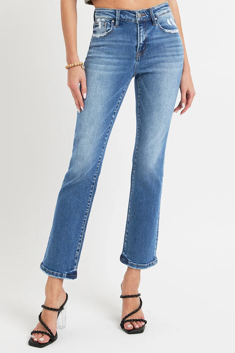 Full Size Mid Rise Ankle Straight Jeans with Pockets