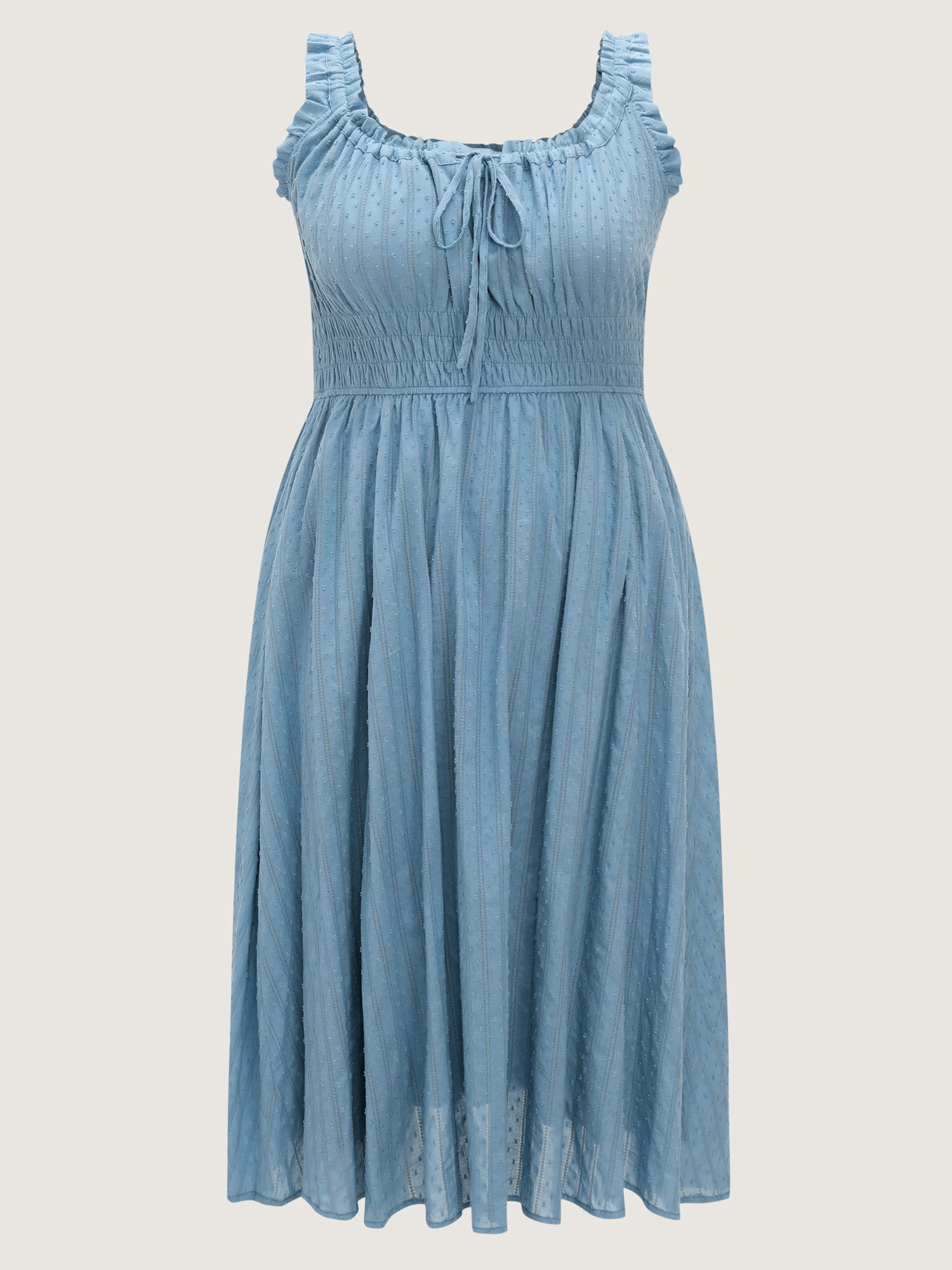 Textured Shirred Bodice Ruffled Straps Midi Dress