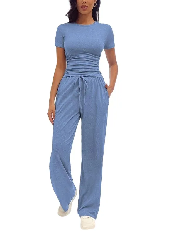 Women's Solid Round Neck Tee & Pants Loungewear