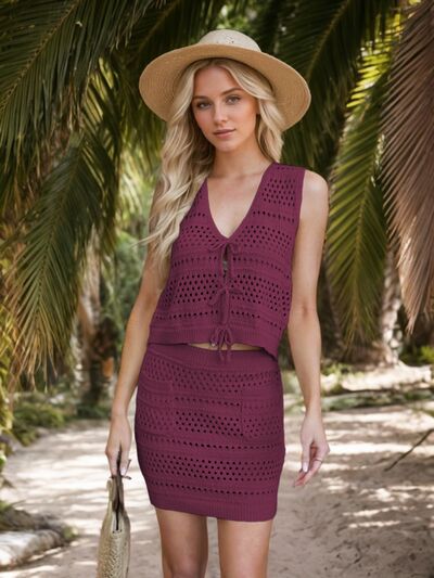 Openwork V-Neck Top And Skirt Knit Cover Up Set