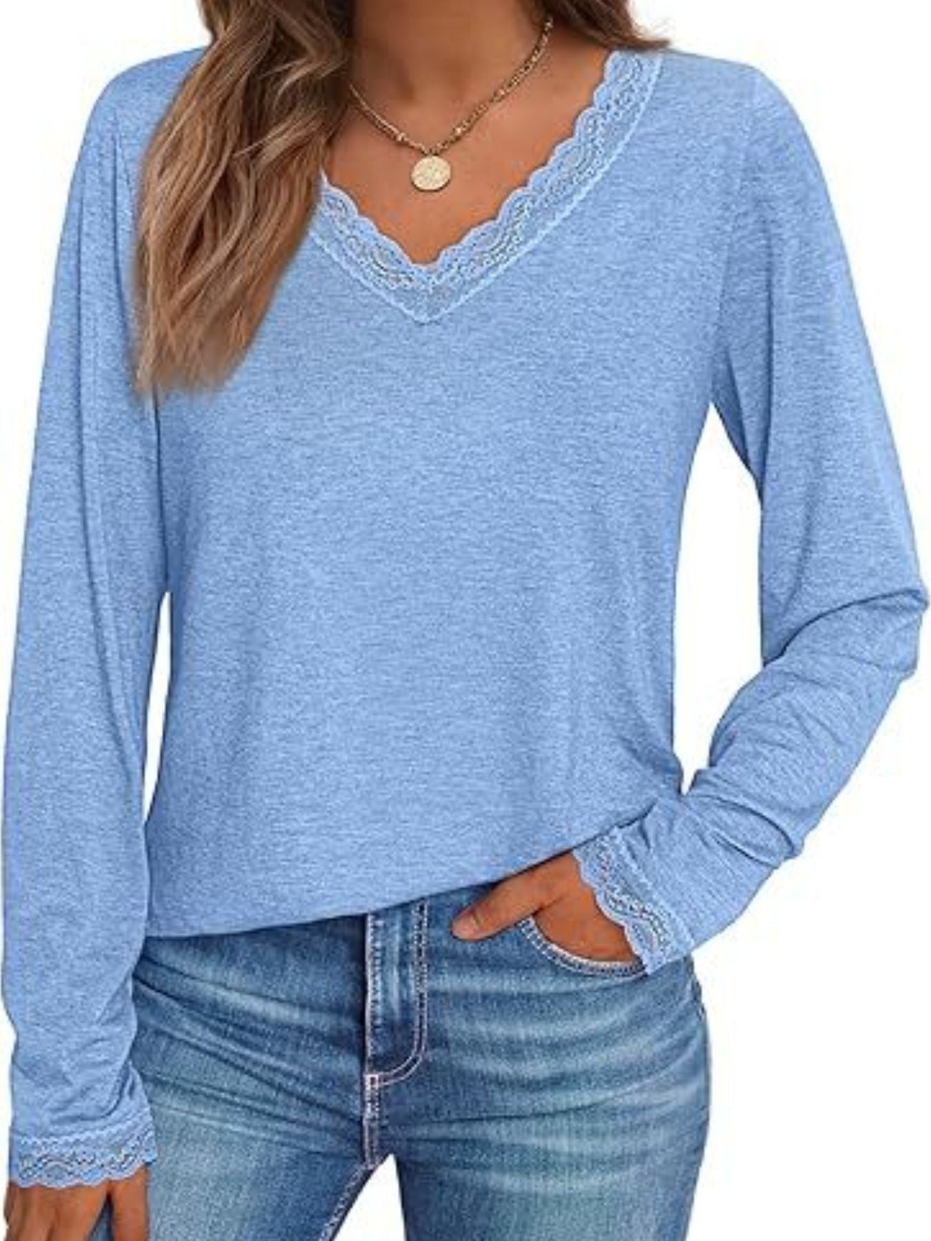 Lace Trim V-Neck Long Sleeve T-Shirt