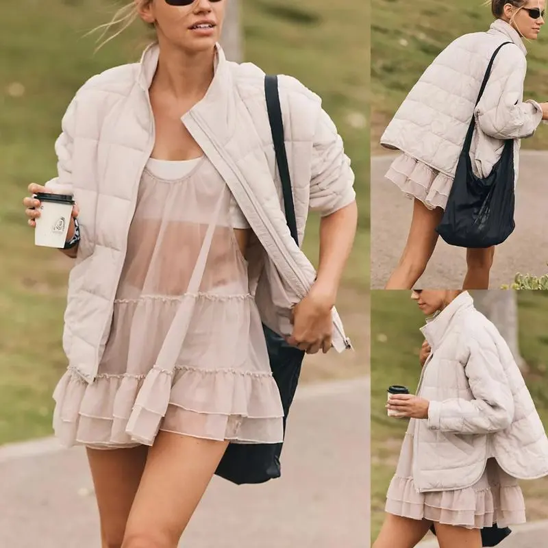 Womens Quilted Puffer Jackets Lightweight Zipper Short Padded Coat With Pockets