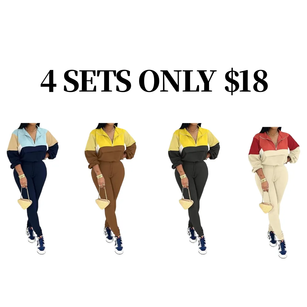 Women's Colorblock 2-Piece Knit Zip Jacket Elastic Waist Tracksuit