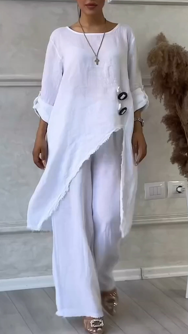 Women's Round Neck Irregular Cotton and Linen Casual Suit