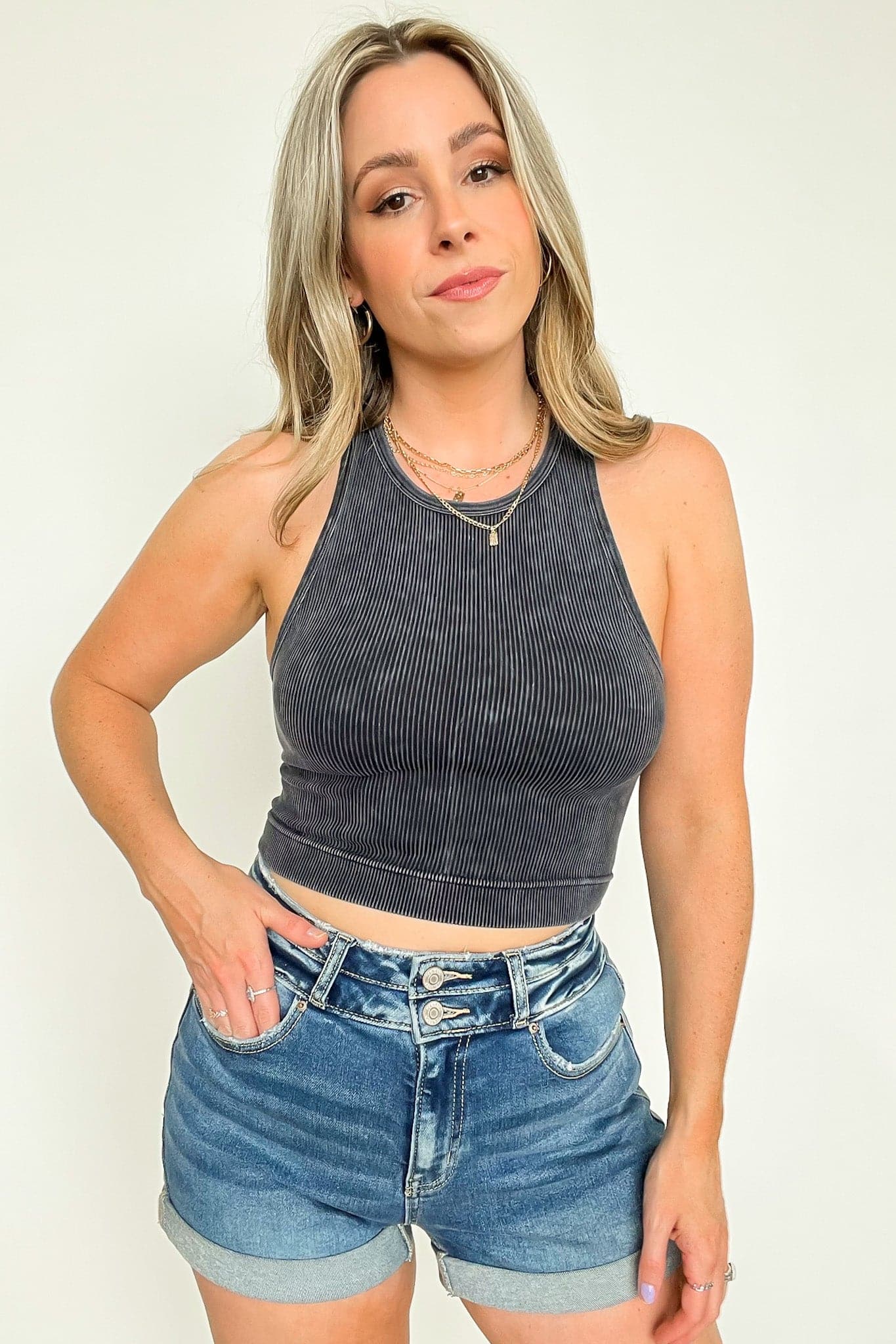 Washed Ribbed High Neck Cropped Tank Top
