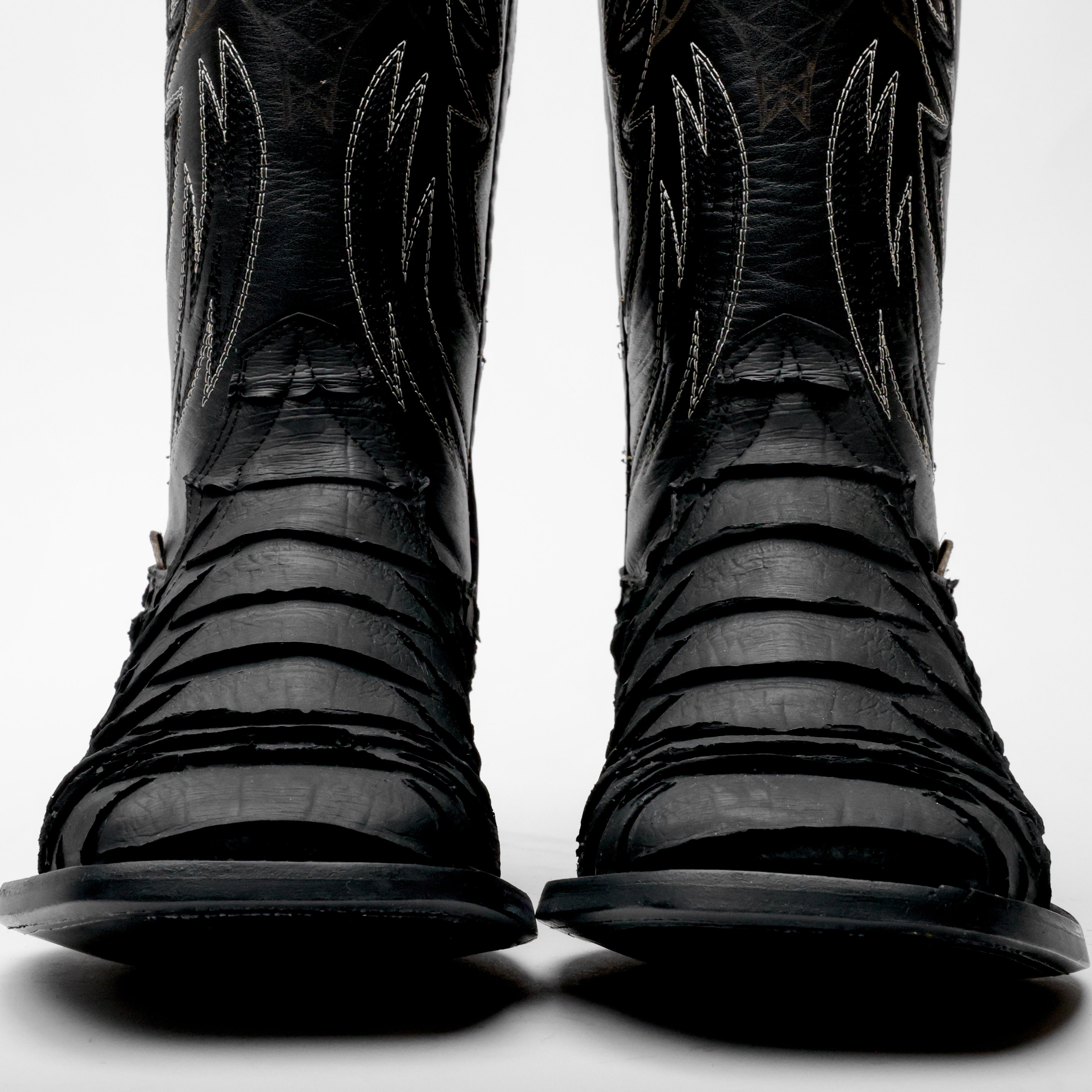 Black Jumbo Python Leather Boots - Square Toe