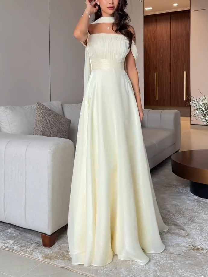 Cream Ribbon Off-shoulder Pleated Maxi Dress