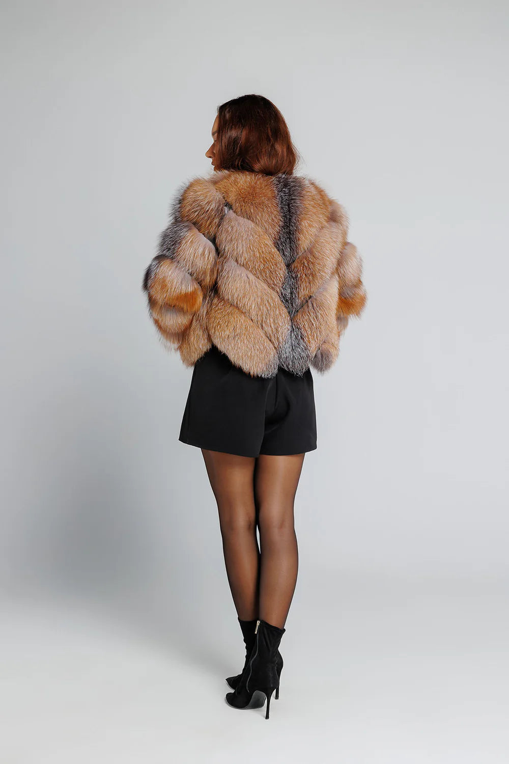 Haină din Blană Naturală de Vulpe Argintie, V Model, Transformabilă, Femei, Brown Frost 350