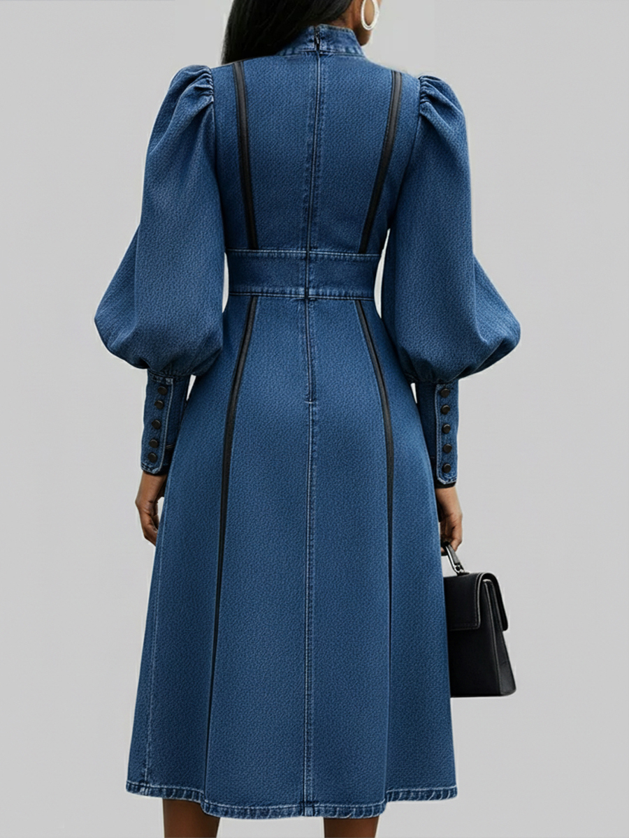 Fashionable Patchwork Leather Lantern Sleeve Denim Dress