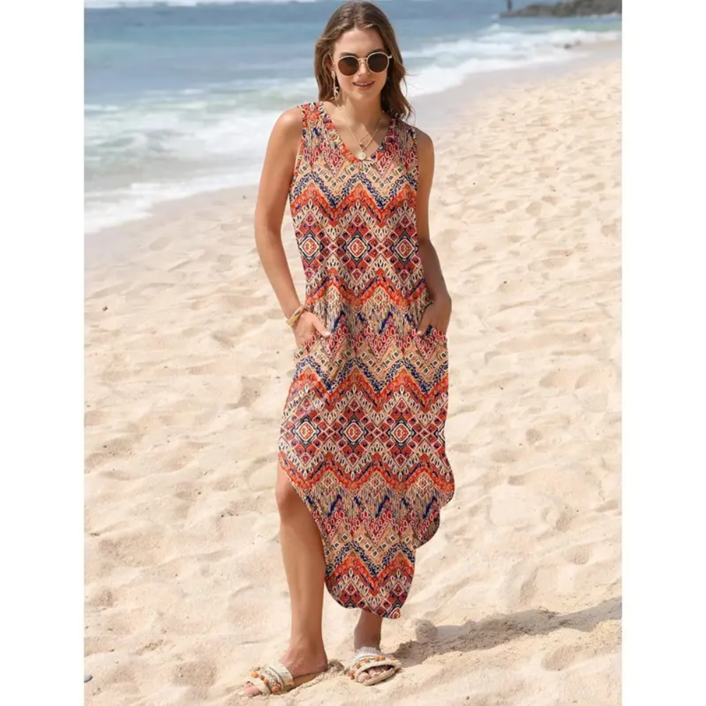 Casual Floral Dresses Maxi Dress Vacation Beach Sundresses  with Pockets