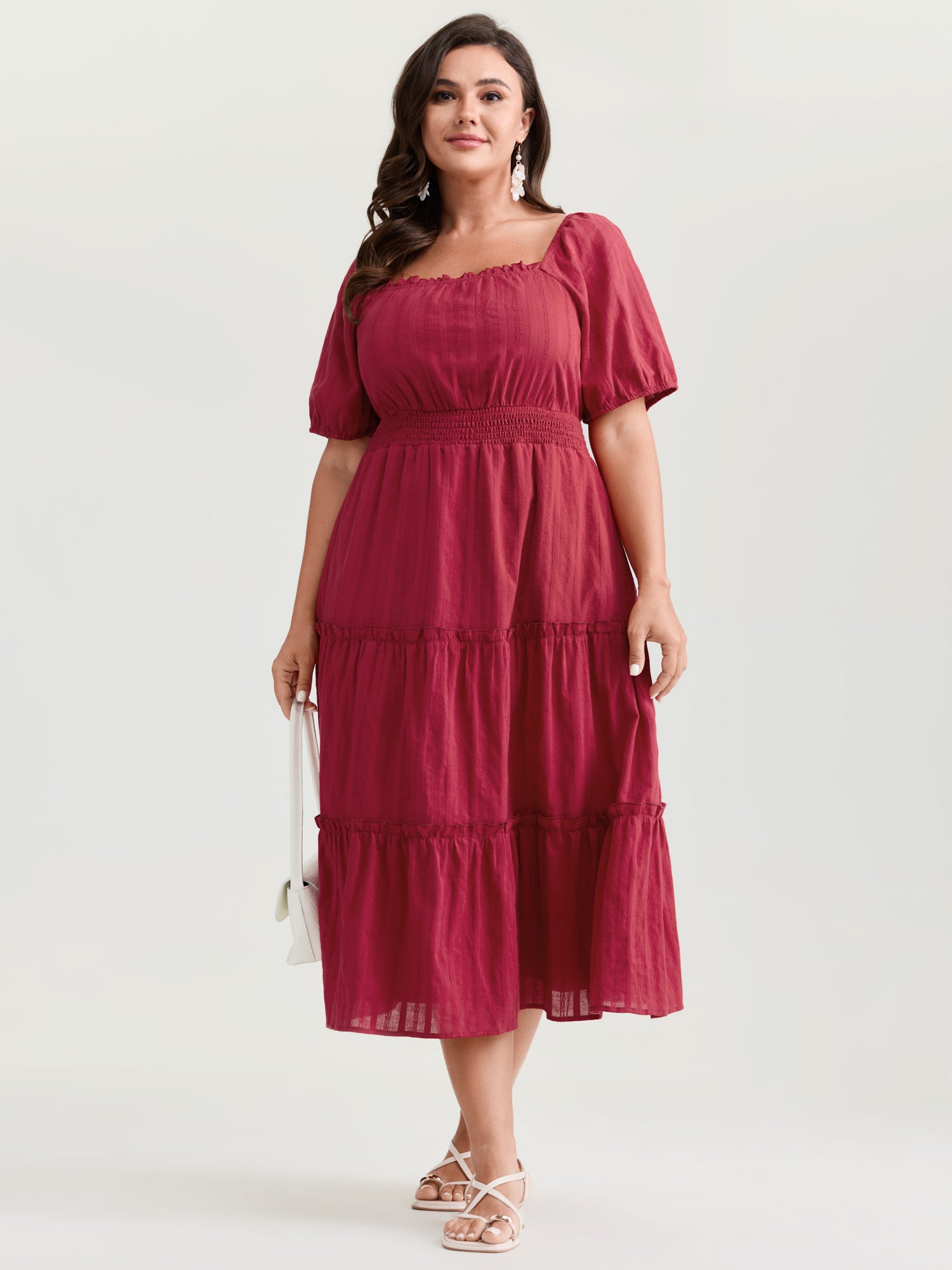 Cotton Textured Cinched-Waist Tiered Midi Dress