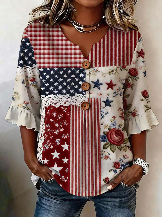 Women'S Independence Day 250Th Anniversary Flag Flower Art Retro Printed Casual Top