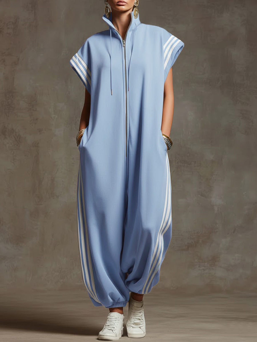 Women's Stand-collar Short-sleeved Casual Loose Cotton Wide-leg Jumpsuit