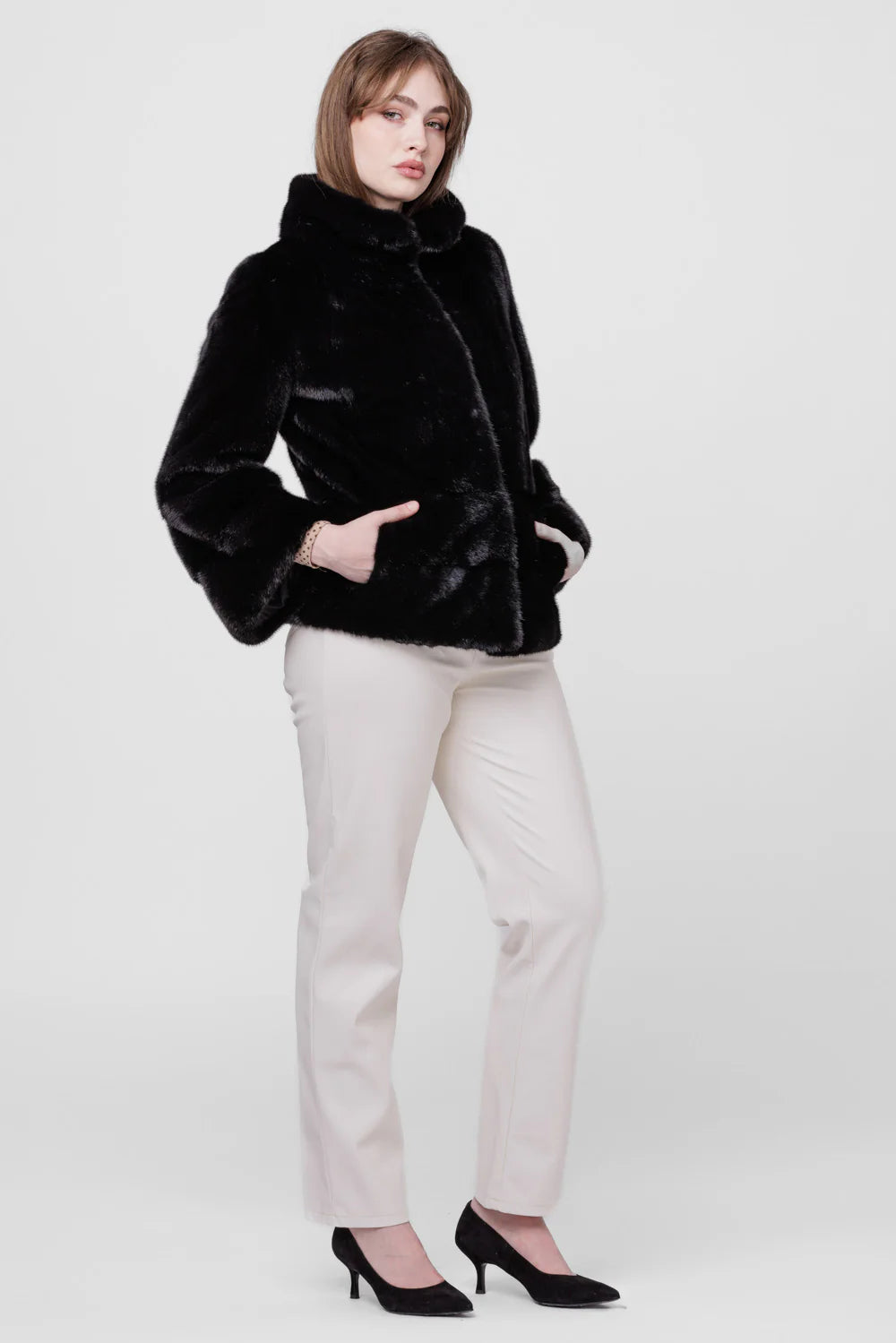 Haină din Blană Naturală de Vizon, Mânecă Clopot, Femei, Diamond 226