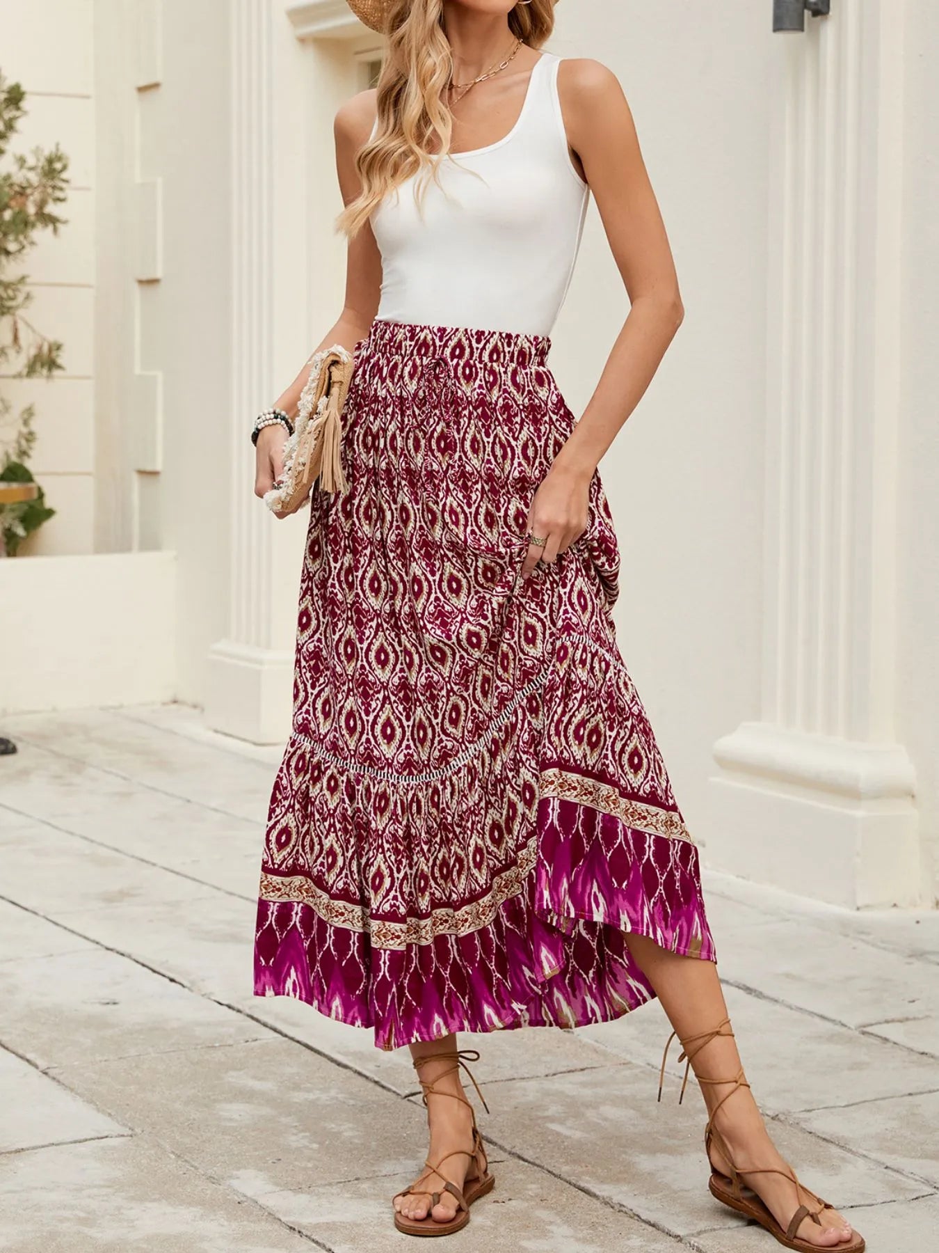 Bohemian Printed Ruched Maxi Skirt