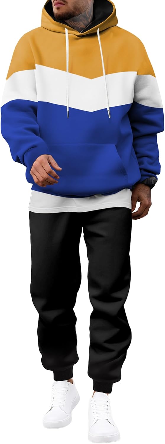 Men's Hoodie Tracksuit 2 Pieces Set Novelty Color Block Pullover Fleece Hoodies Long Sleeve Casual Sweatshirt