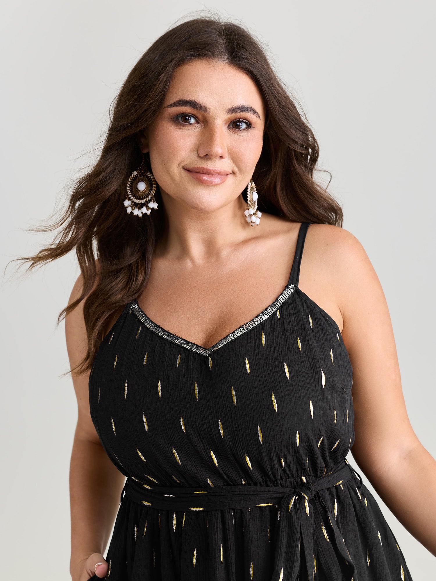 Sequin Neckline Textured Waist-Tie Mini Dress