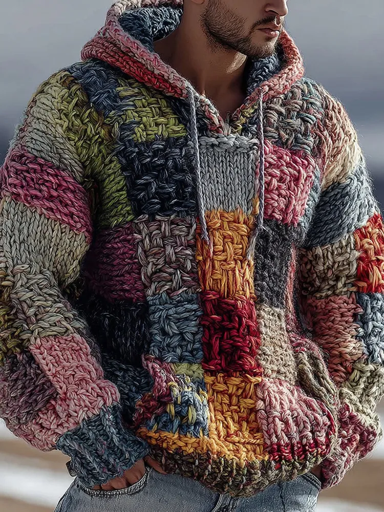Men's Retro Geometric Knitted Warm Hooded Sweater