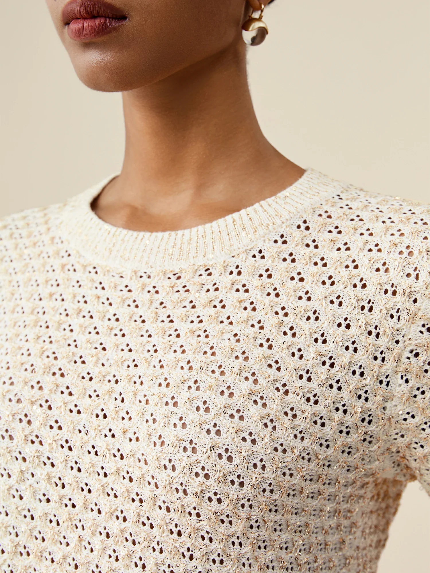 Mulberry Silk Openwork Sequin Knitted T-Shirt
