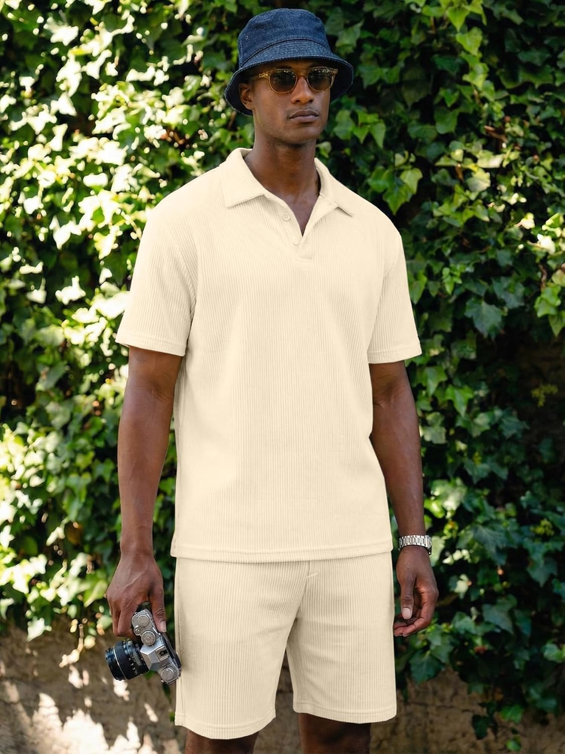 Men's 2 Pieces Outfits Casual Knit Ribbed Textured Button Down Short Sleeve Polo Shirt and Shorts Set