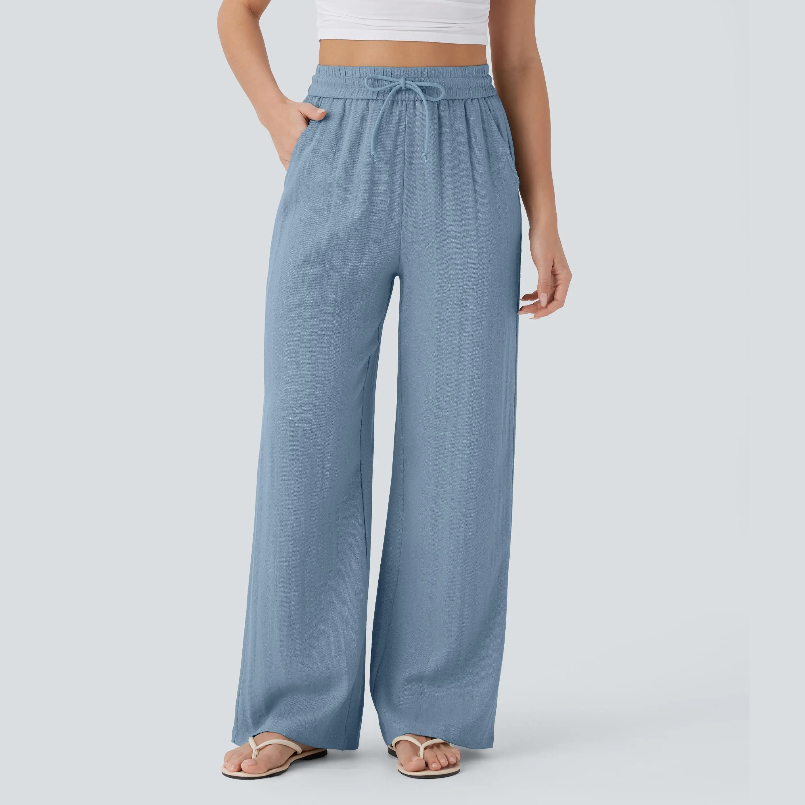 🔥🔥Easter Sale!!High Waisted Drawstring Pocket Wide Leg Casual Linen-Feel Pants