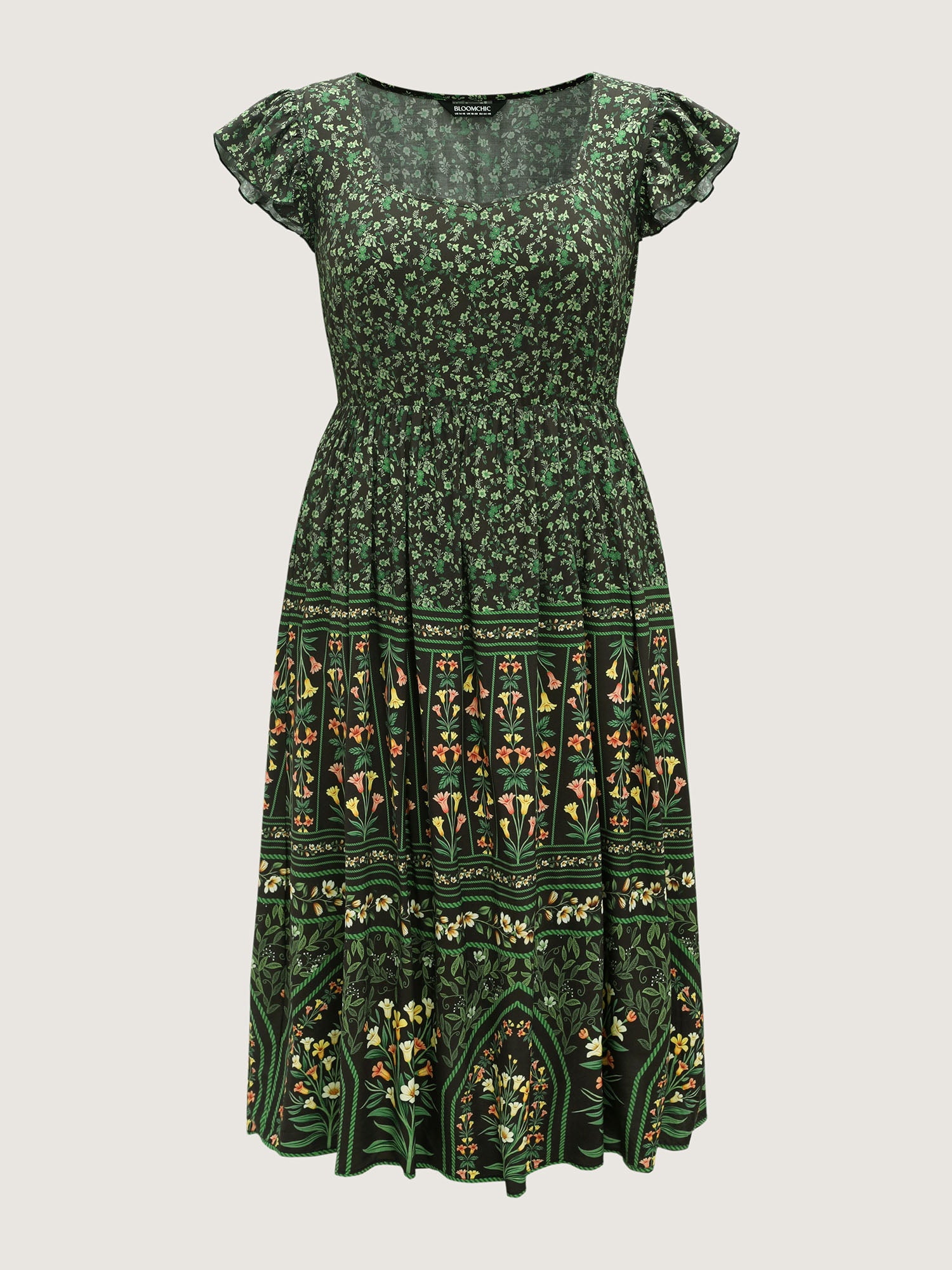 Rayon Garden Fresh Ruffled Sleeve Midi Dress