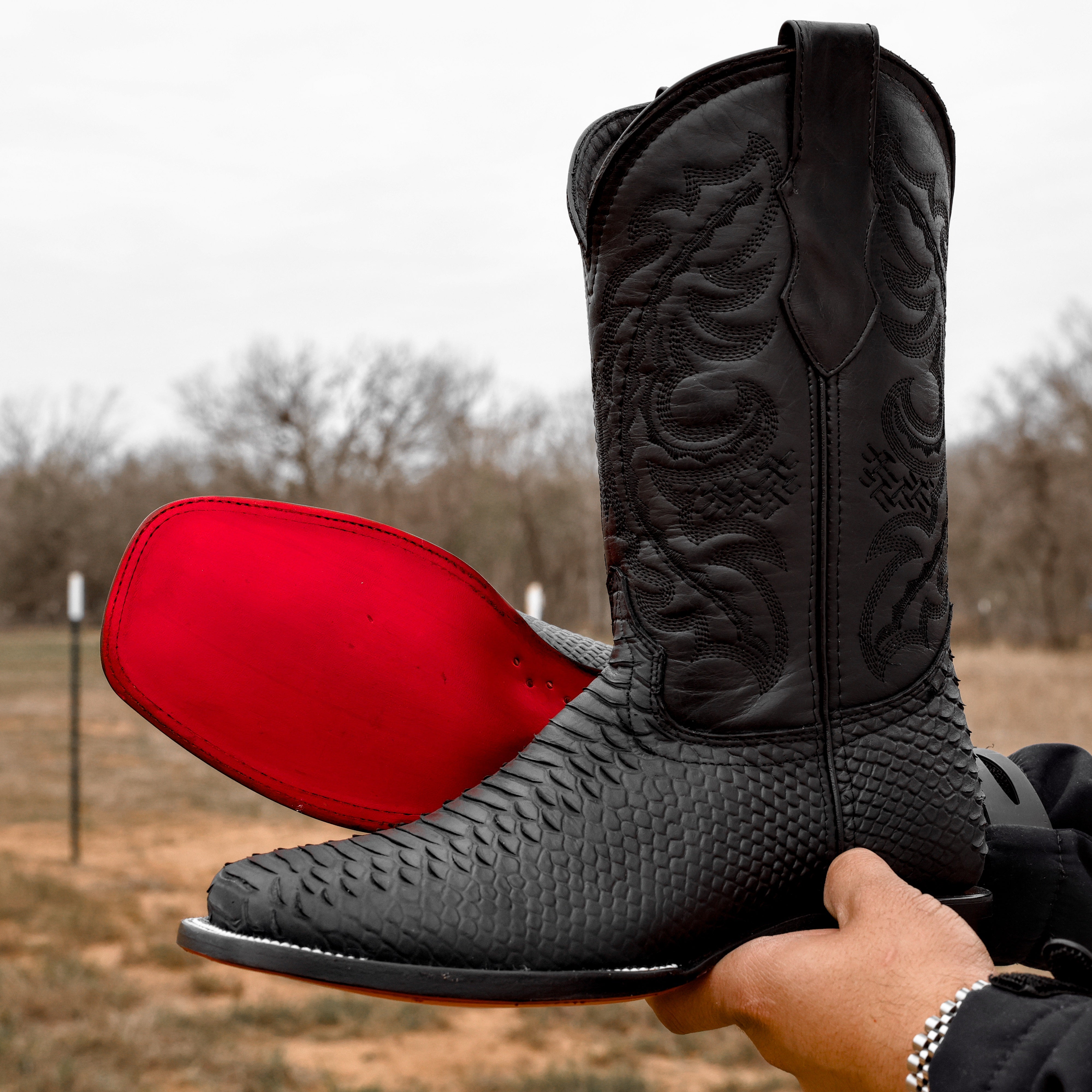 Matte Black Python Leather Boots - Square Toe
