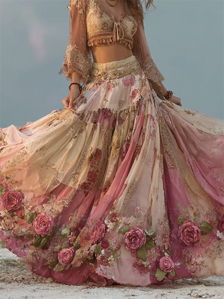 Boho Pink Roses Cottagecore Floral Patchwork Flowy Wide Skirt