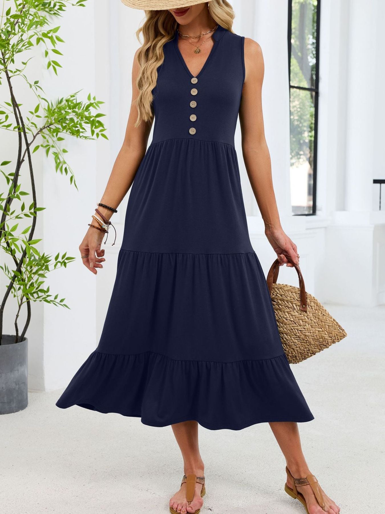 Ruffled Notched Tiered Midi Dress