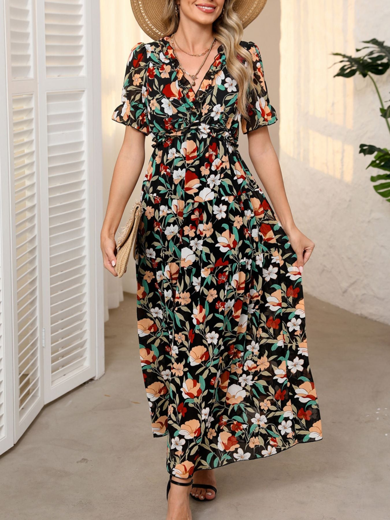 Floral Print Frilled V Neck Short Sleeve Maxi Dress