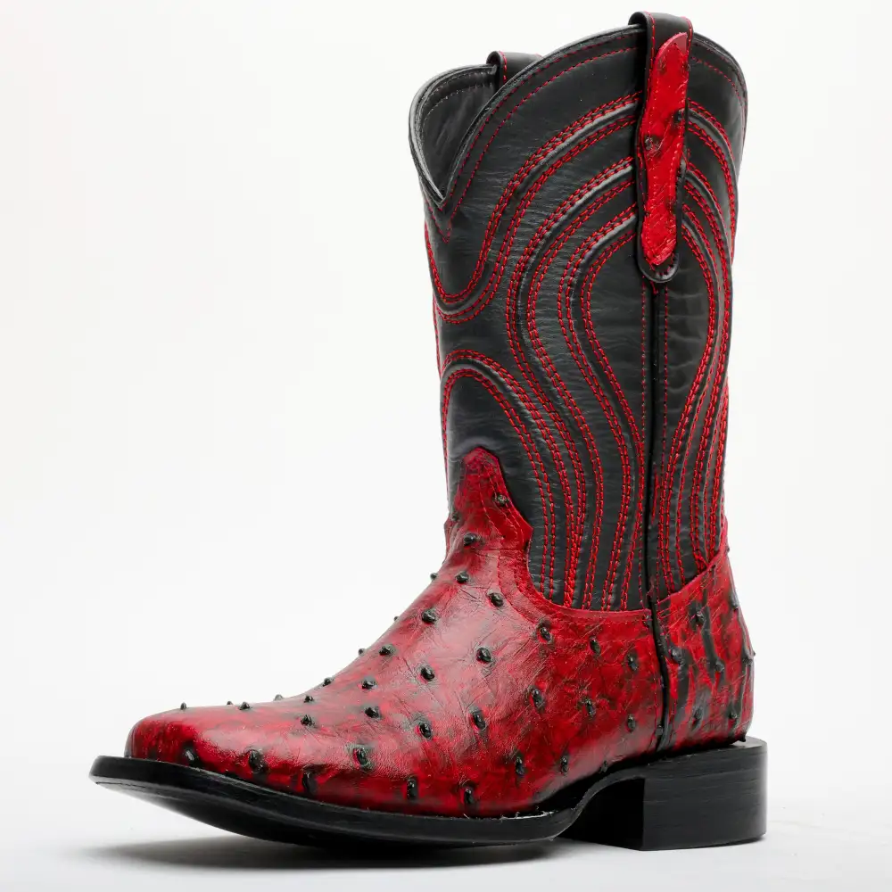 Black Cherry Ostrich Leather Boots - Square Toe