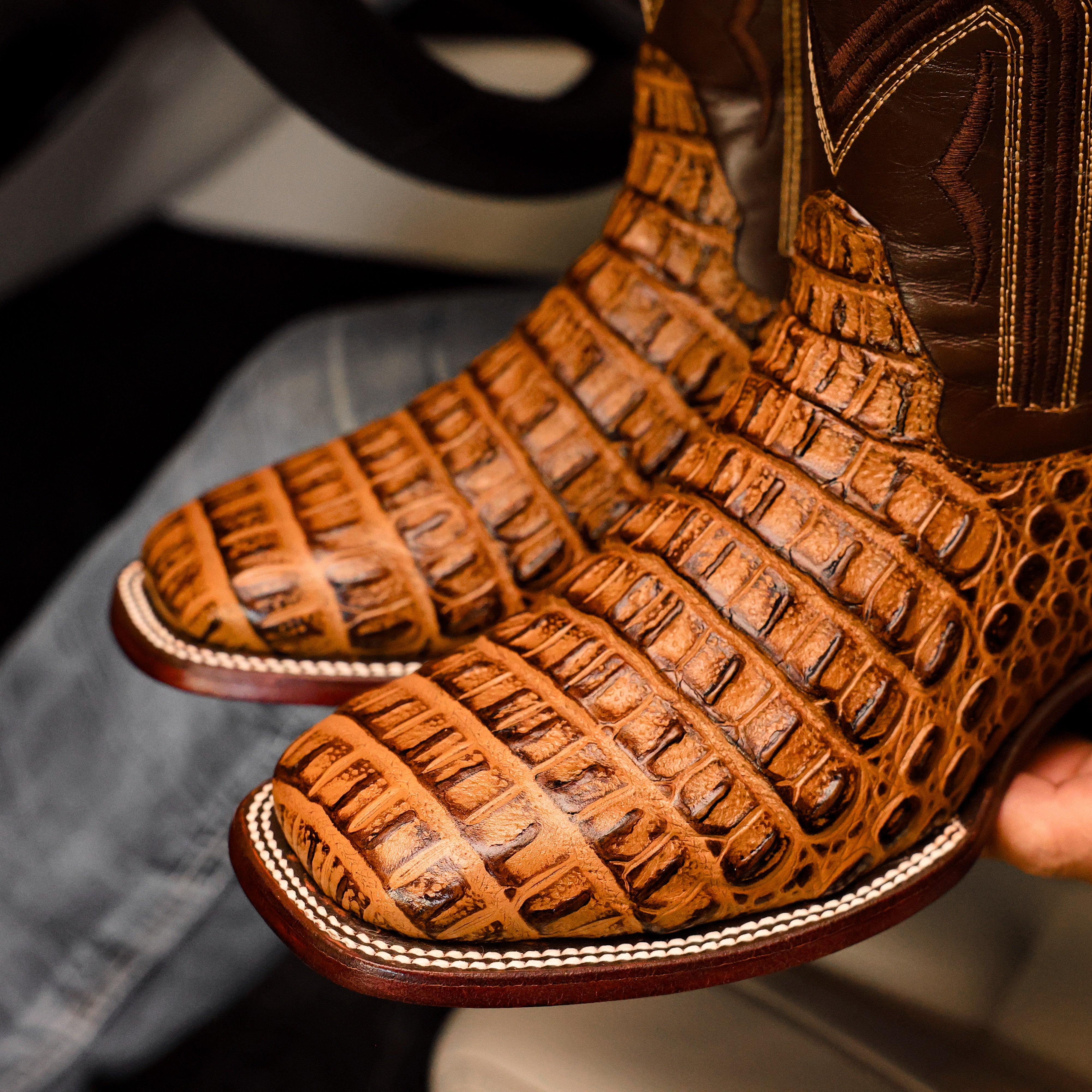 Honey Caiman Hornback Leather Boots - Square Toe
