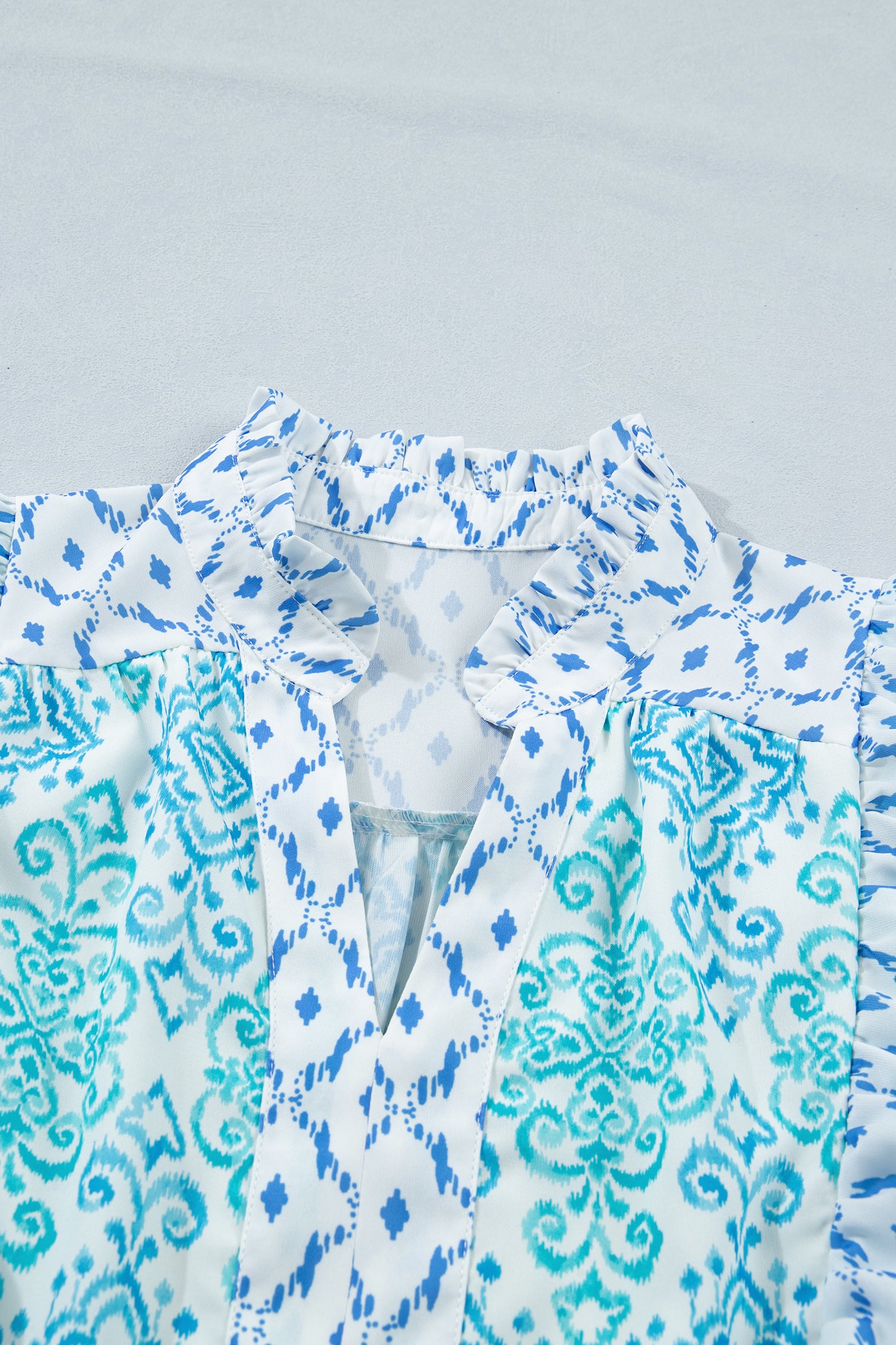 Sky Blue Boho Floral Geometric Patchwork Ruffle Detail Puff Sleeve Mini Dress