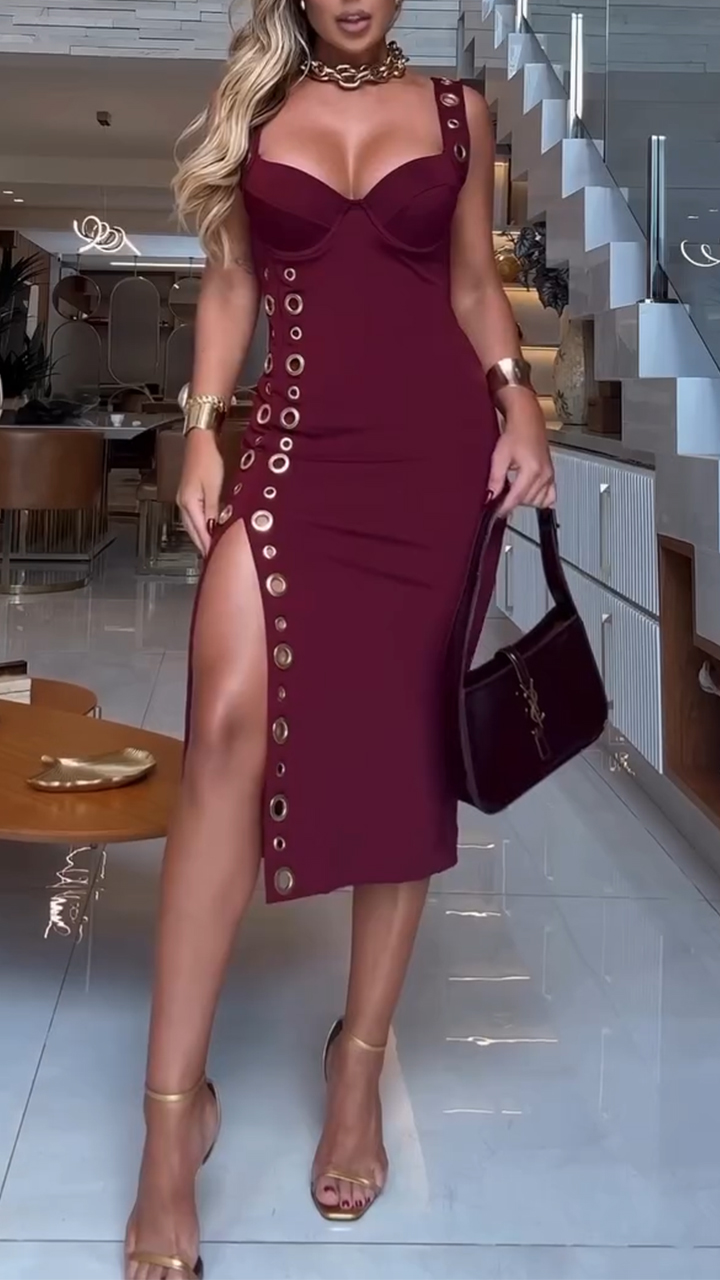 Women's Sweetheart Neck Slit Eyelet Fashion Dress