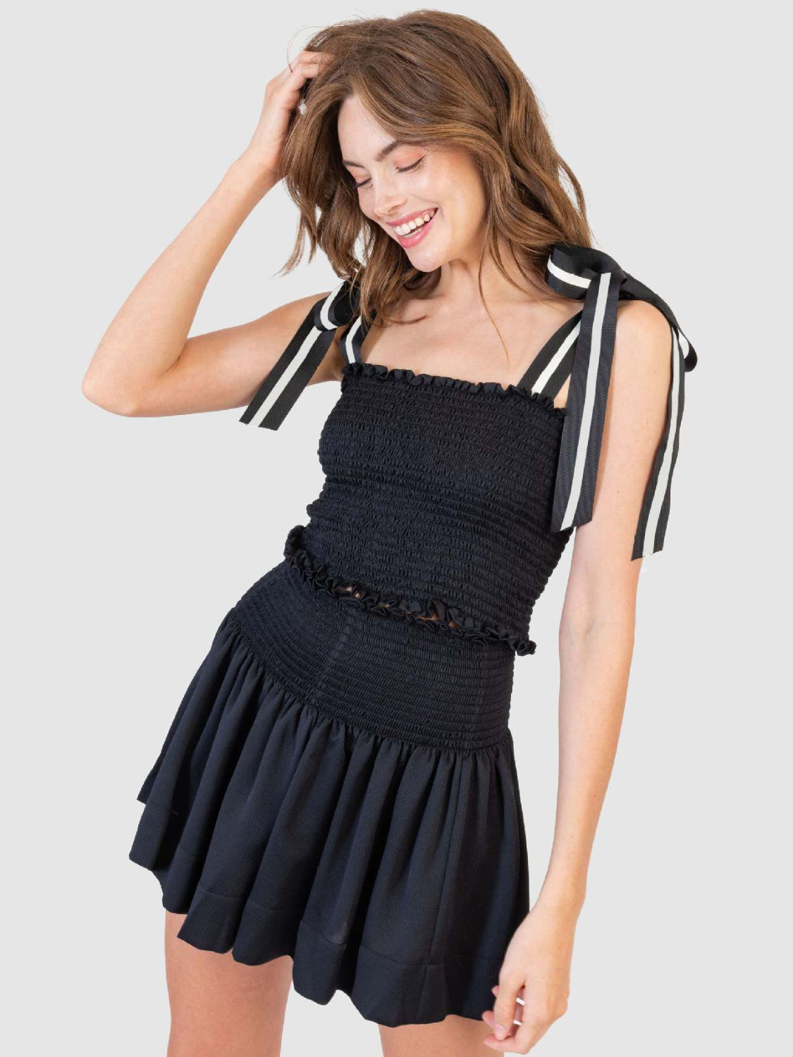 Smocked Tie Shoulder Top And Mini Skirt Set