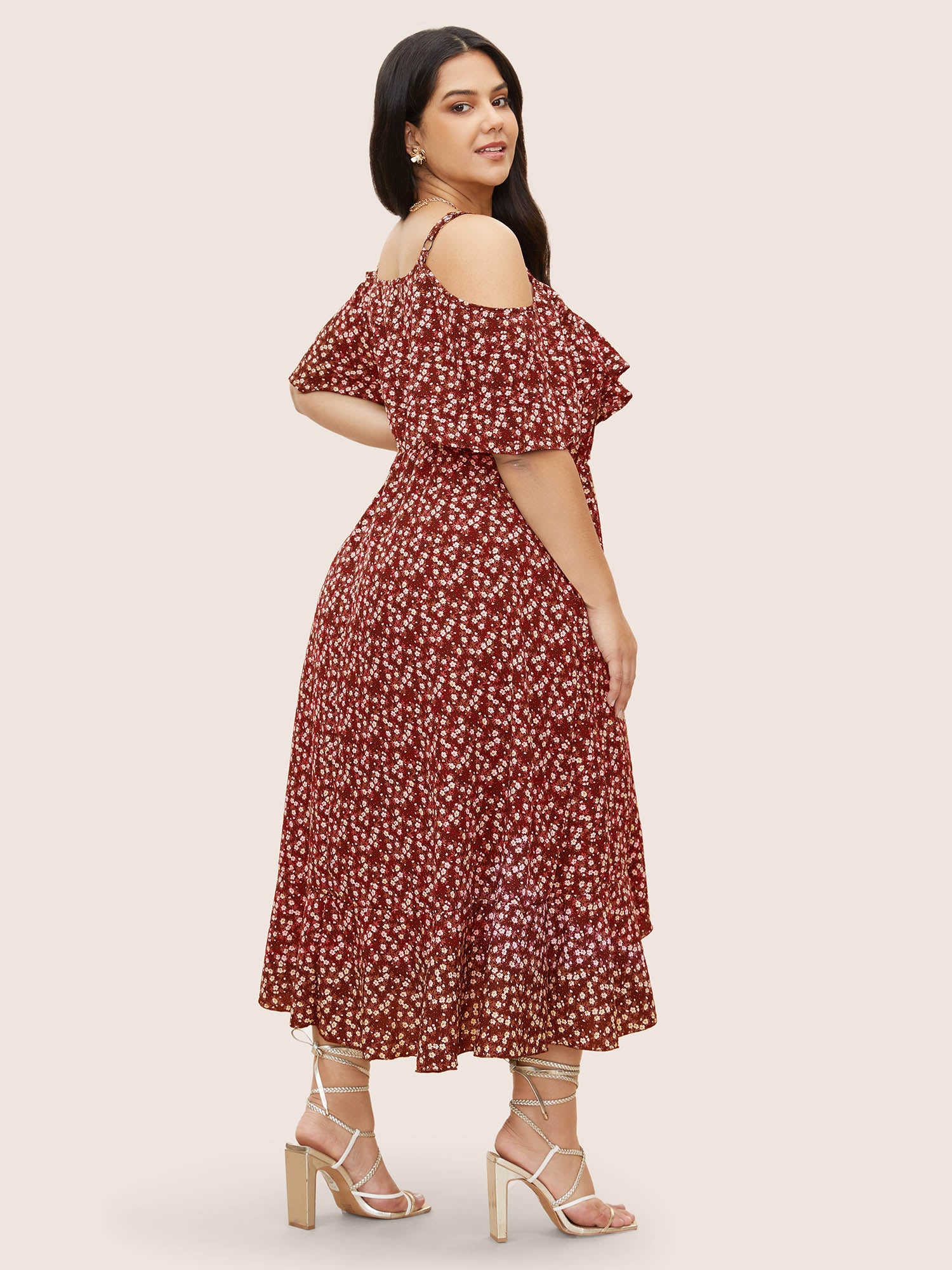 Ditsy Floral Pocket Wrap Cold Shoulder Ruffle Dress