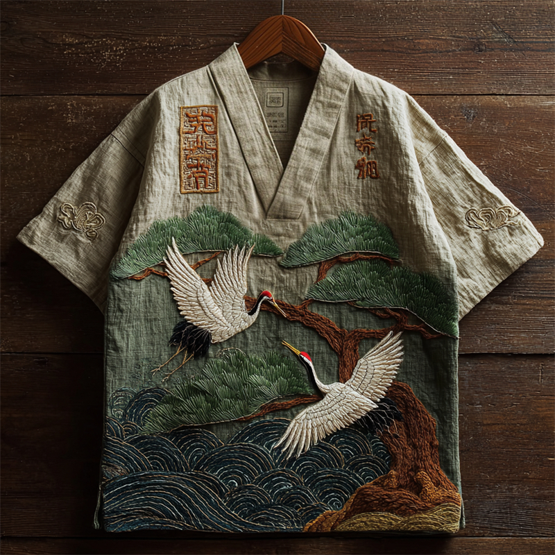 Japanese Cranes & Pine Tree Over Sea Waves Embroidered Linen Shirt