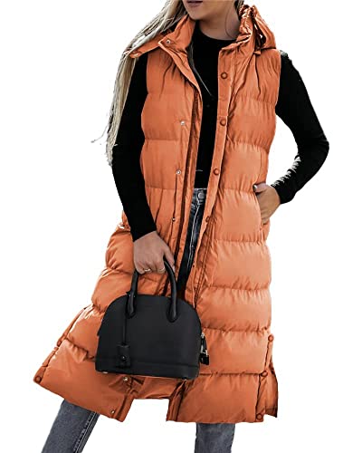 Women's Long Puffer Vest Casual Sleeveless Puffer Jacket with Removable Hood Sets