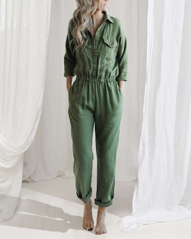 Casual Loose Cotton and Linen Women's Drawstring Pocket Jumpsuit 749d