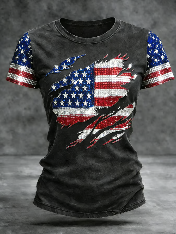 Ladies' 250Th Anniversary Commemorative Printed Round Neck Short Sleeve T-Shirt For American Independence Day