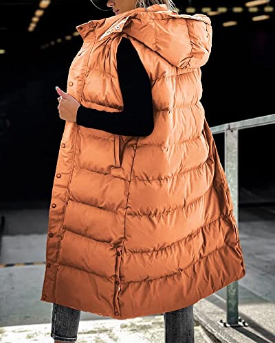 Women's Long Puffer Vest Casual Sleeveless Puffer Jacket with Removable Hood Sets