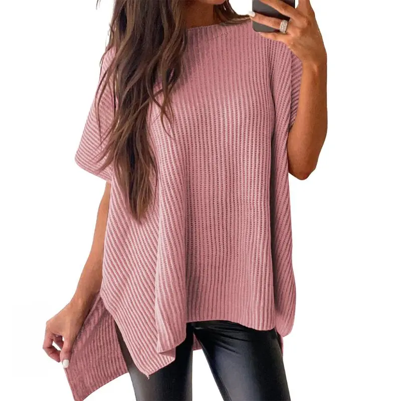 Women’s Oversized Knit Top – Casual Crew Neck Short Sleeve Sweater with Side Slit