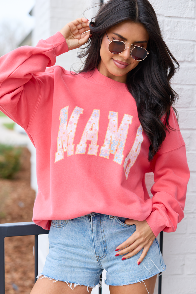 Mama Multi Daisy Print Light Red Graphic Sweatshirt