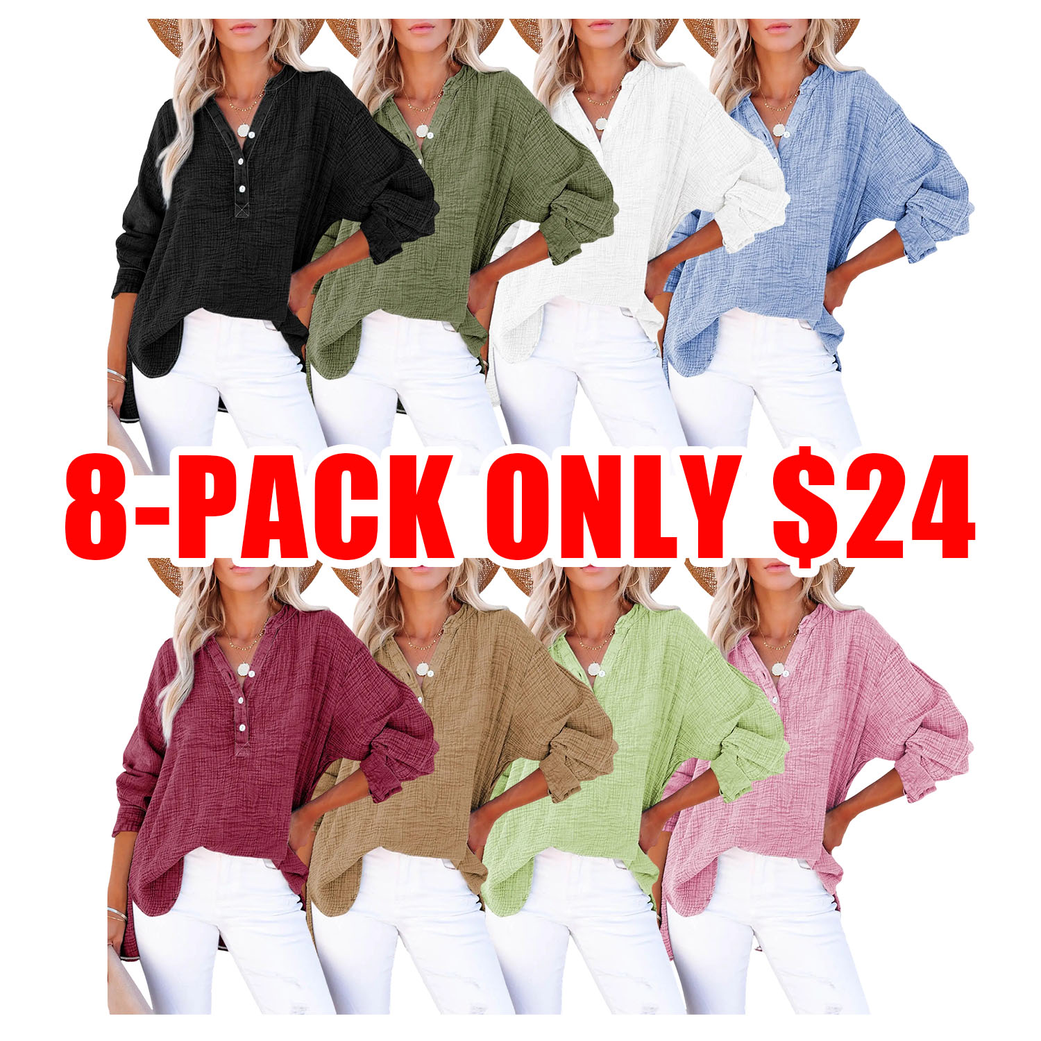 Women's Casual Button V Neck Long Sleeve Shirts Oversized Solid Blouses Tops 100% Cotton Boyfriend Style Loose Fit