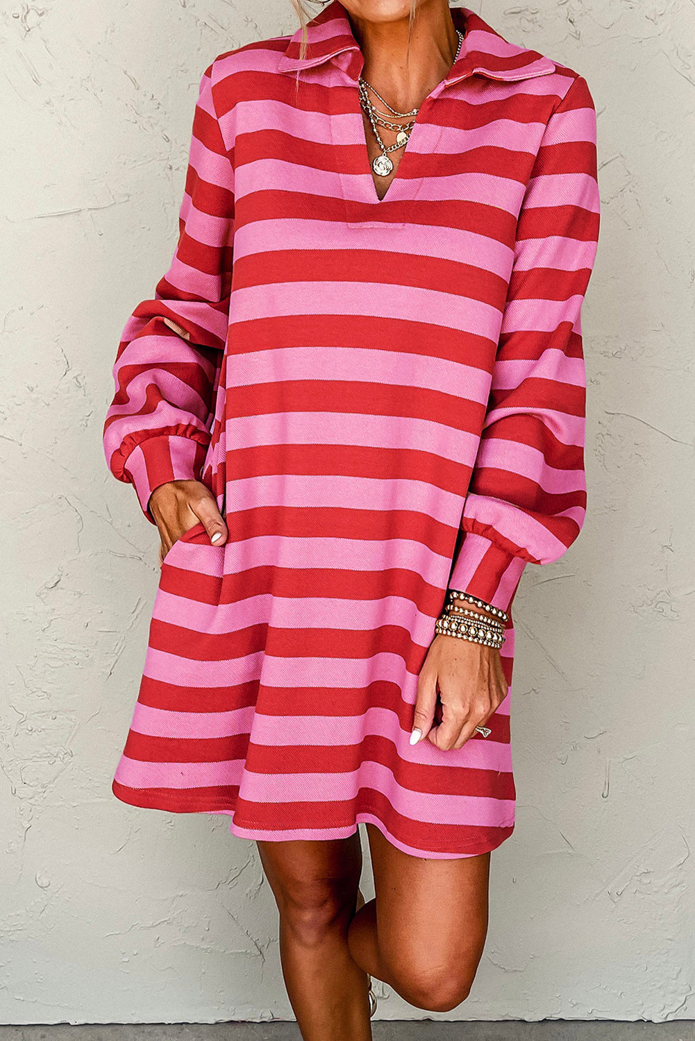 Black Stripe Polo Neck Shift Fit Sweatshirt Dress with Side Pockets