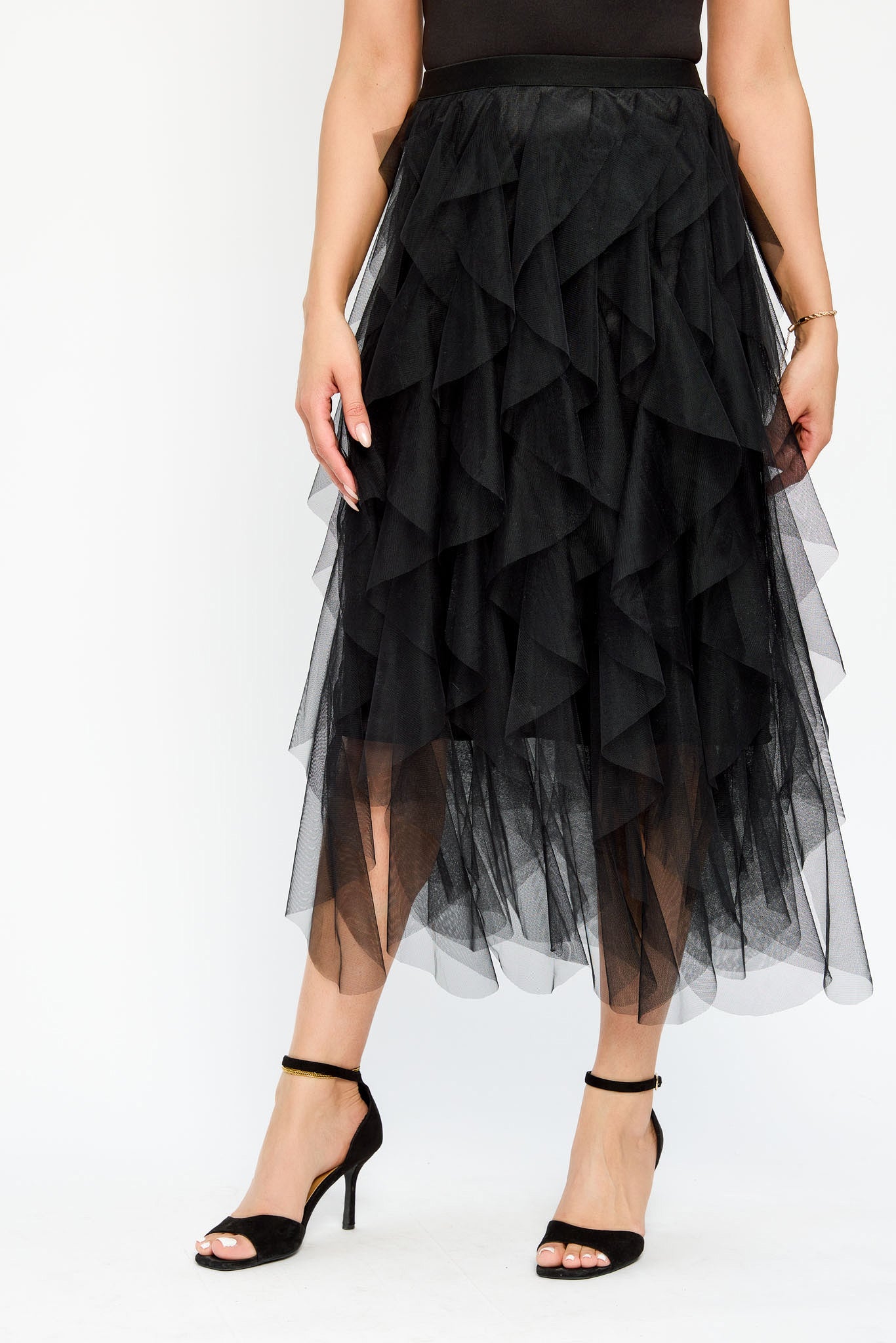 Ruffled Mesh Midi Skirt