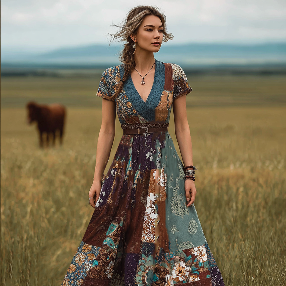 Bohemian Style Retro Floral Pattern Women's V-neck Dress