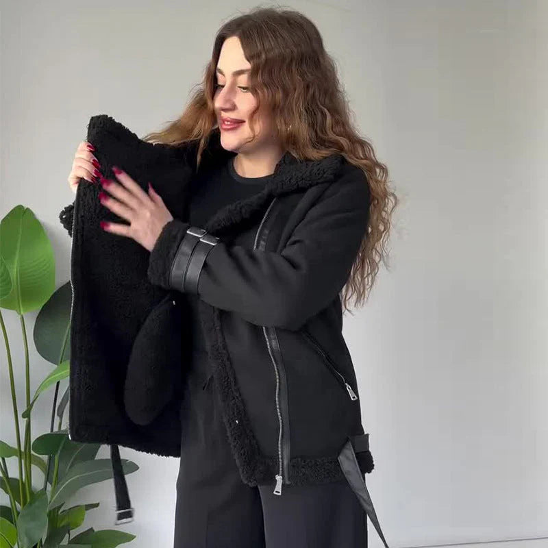 Leather jacket with faux lambskin for women